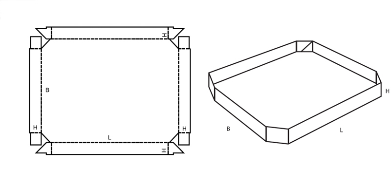 Stuelpschachtel Verpackung FEFCO 0459 mit abgeschrägten Ecken technische Zeichnung